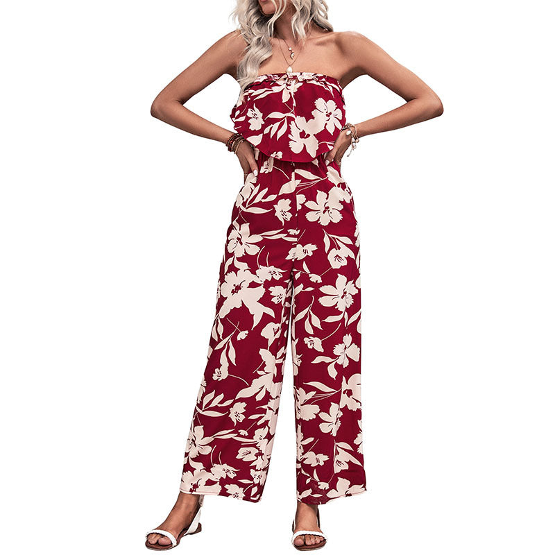 Damen Jumpsuit Florales Rüschenoberteil Weites Bein