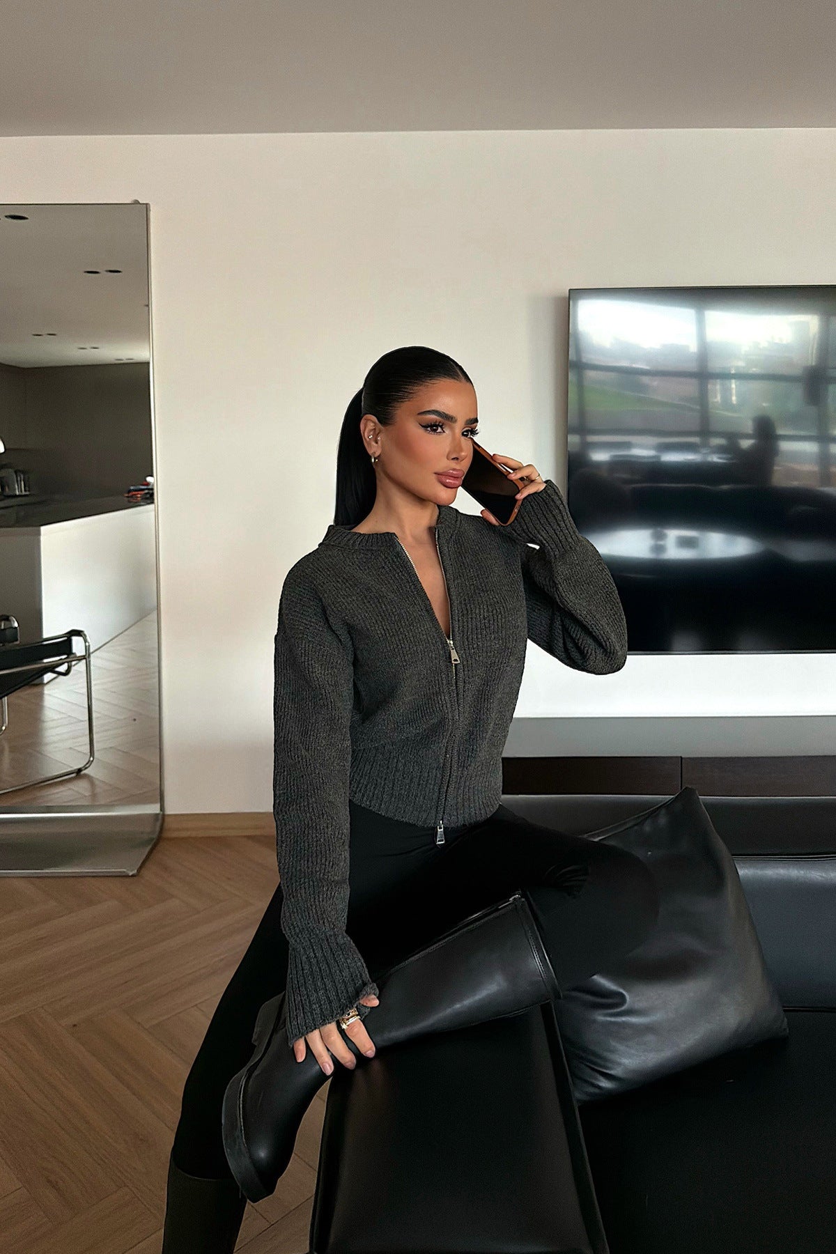 Damen Strickjacke Reißverschluss Breite Bündchen