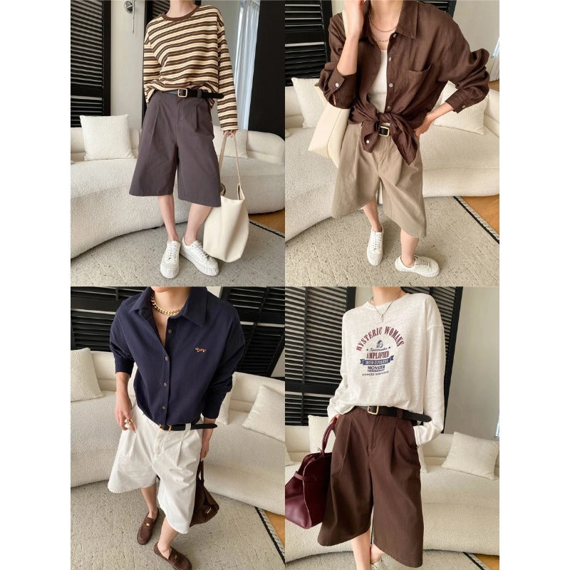 Damen Chino Shorts Falten Gürtel Detail Beige