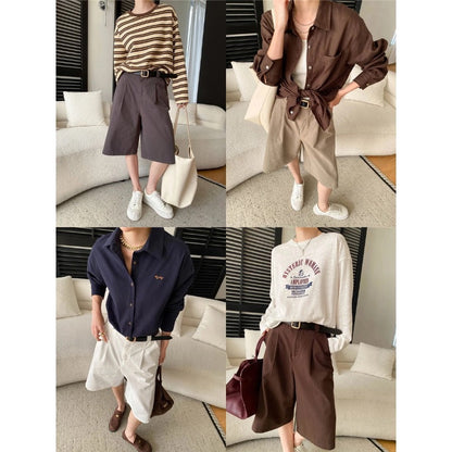 Damen Chino Shorts Falten Gürtel Detail Beige
