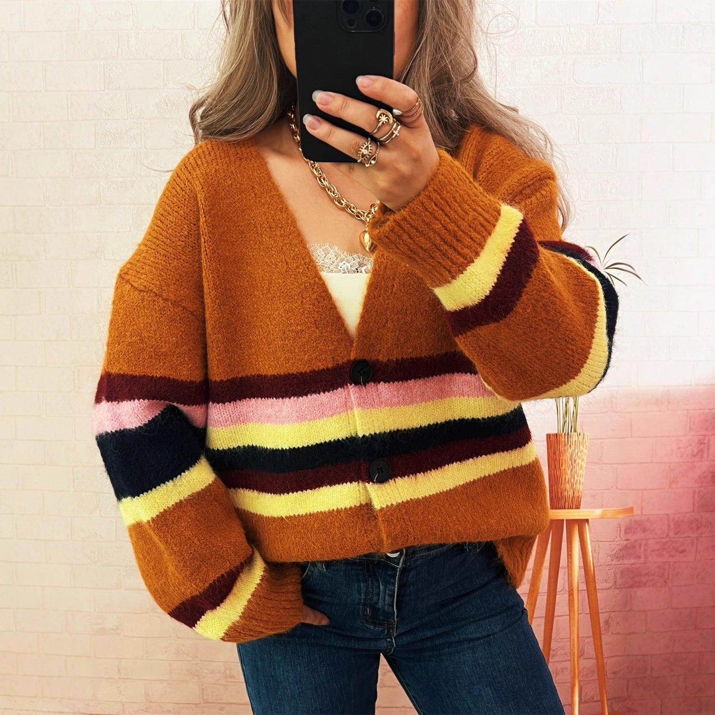 Damen Strickjacke Kuschel Norvielle Streifen