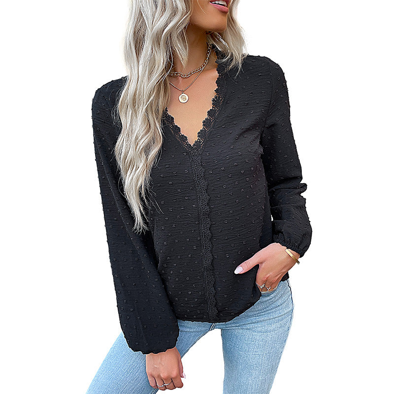 Damen Bluse Spitzenbesatz Puffärmel Elegantes Design