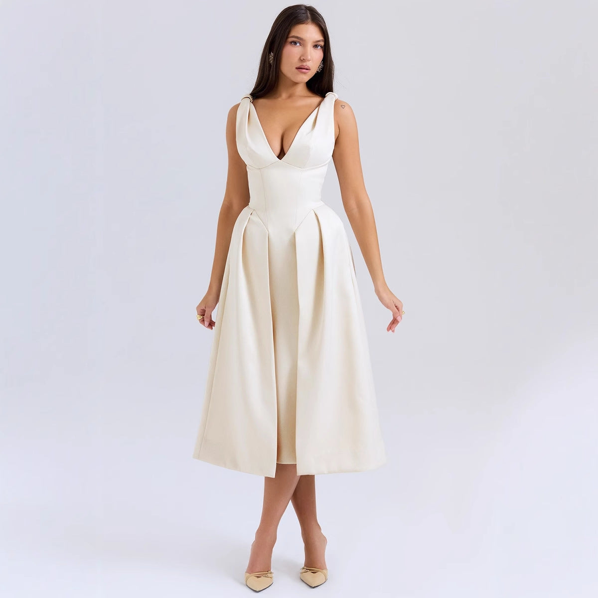 Damen Midikleid V-Ausschnitt Falten Norvielle