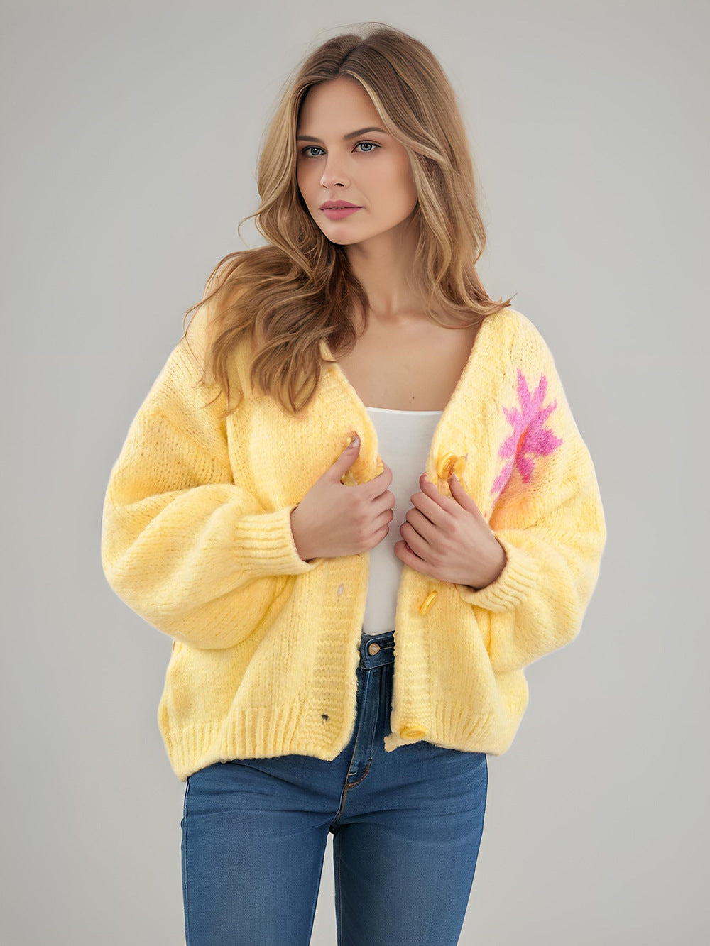Damen Strickjacke Bunt Blumenmuster Große Knöpfe