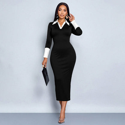 Damen Midi-Kleid Eleganter Kragen Figurbetonter Stoff Schwarz - Norvielle