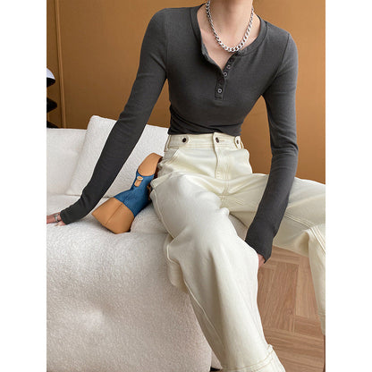 Damen Langarmshirt Knopfleiste Casual Stil Norvielle