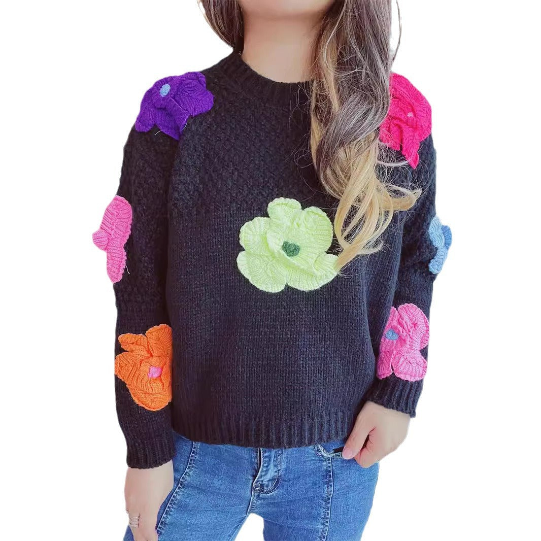 Damen Pullover Bunt Blumenapplikationen