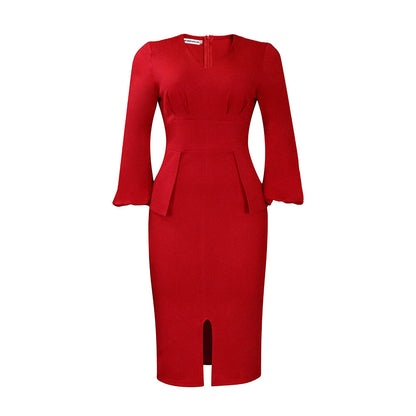Damen Midi-Kleid Figurbetont Puffärmel Schlitz Norvielle