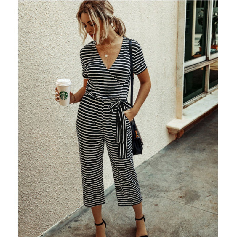 Damen Jumpsuit Wickel-Design Streifen Muster