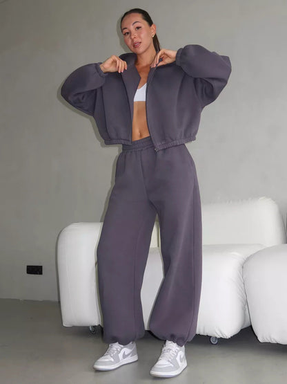 Damen Cropped Fleecejacke Hochtaillierte Jogginghose Norvielle