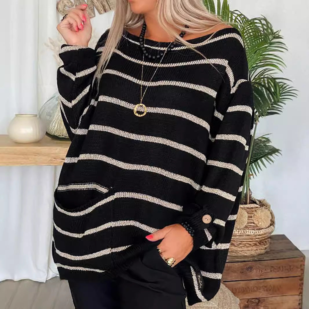 Damen Strickpullover Langer Ärmel Große Taschen Norvielle