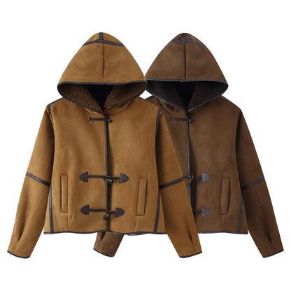 Damen Kunstlederjacke Kapuze Warmfutter