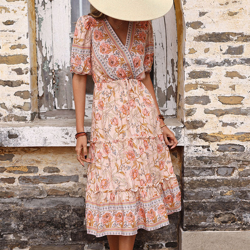 Damen Wickelkleid mit Blumenmuster Rüschen Taillengürtel