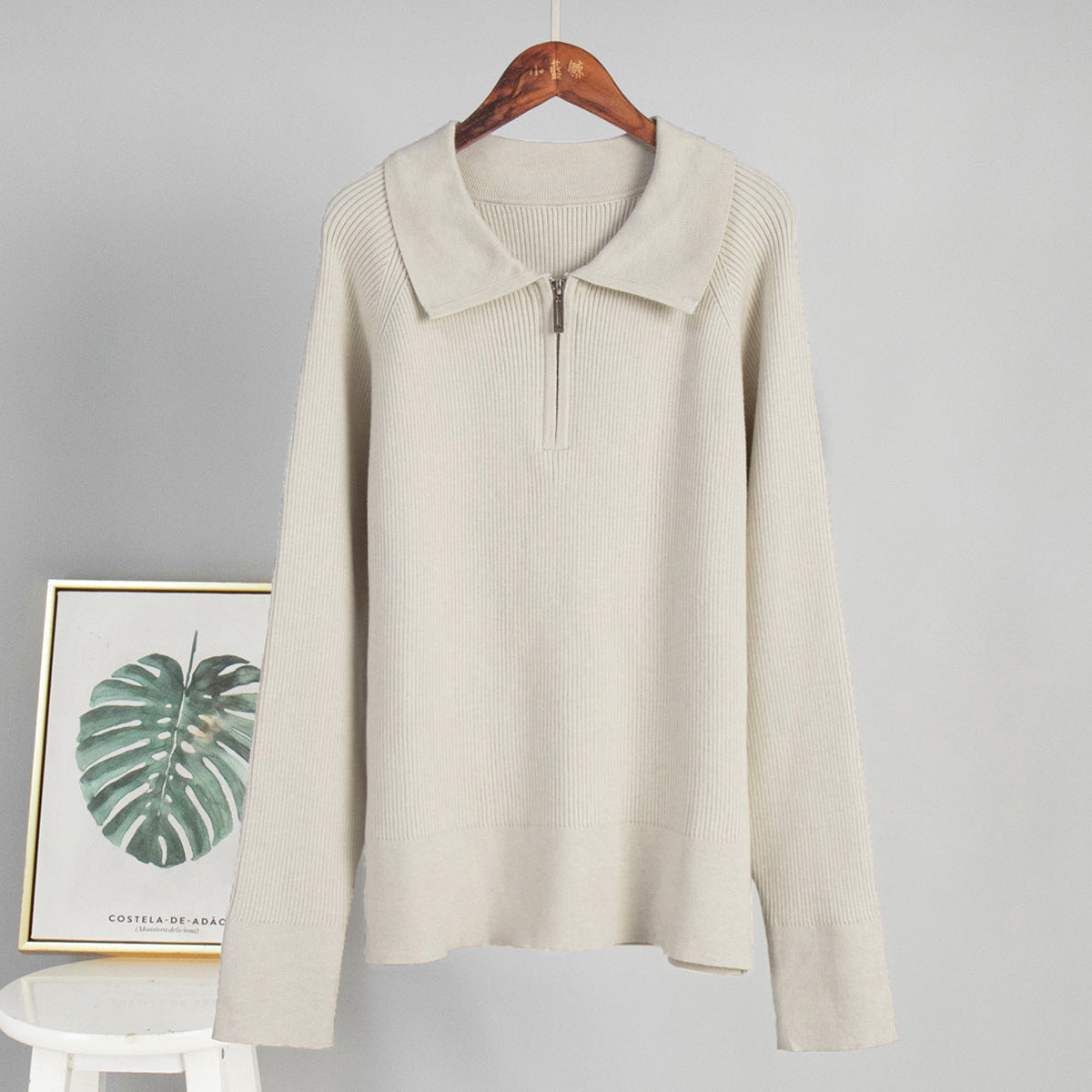 Damen Rippstrickpullover Weiches Baumwollmix Beige