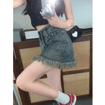 Damen Highwaist Denim Shorts Franser Saum Blau - Norvielle