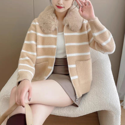 Damen Strickjacke Weich Gefüttert Beige