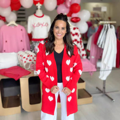 Damen Strickjacke Herzdesign Modisch Länglich