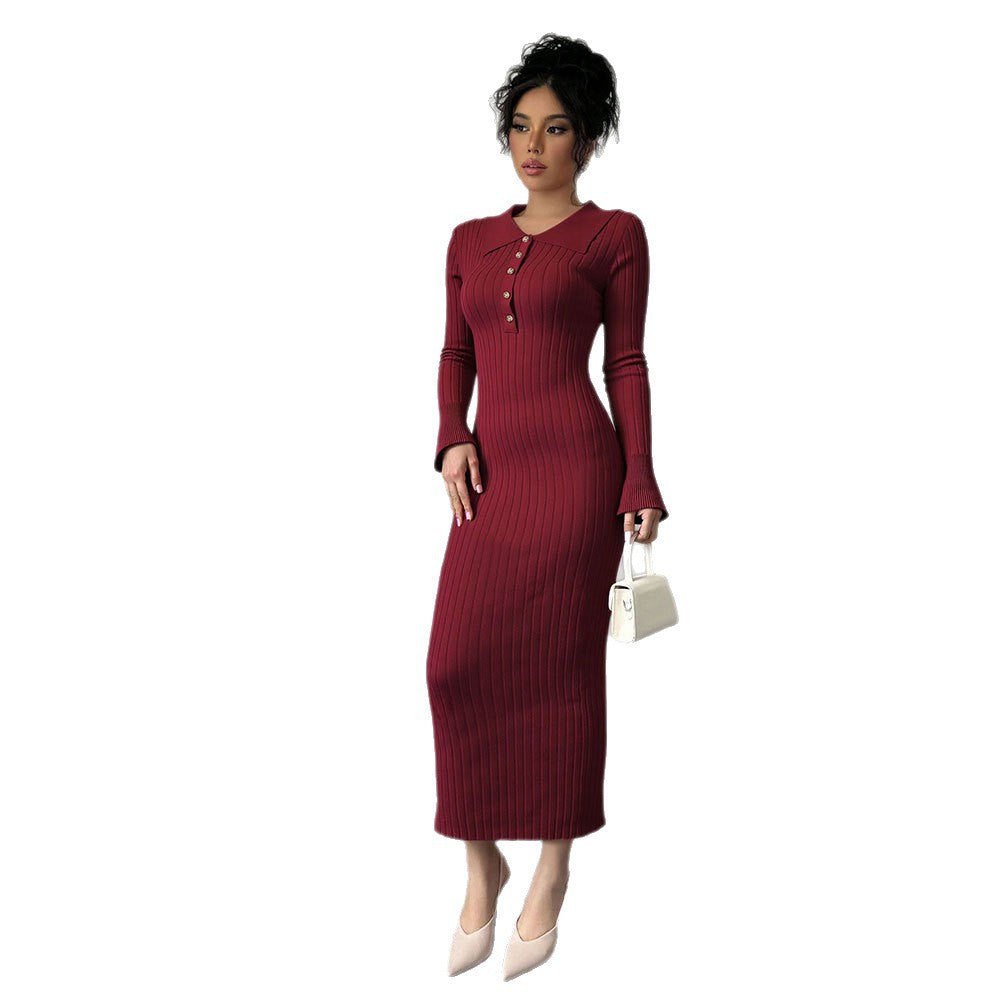 Damen Maxikleid Figurbetont Polokragen Knopfleiste Norvielle