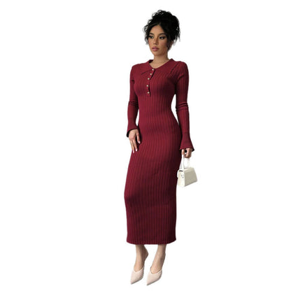 Damen Maxikleid Figurbetont Polokragen Knopfleiste Norvielle