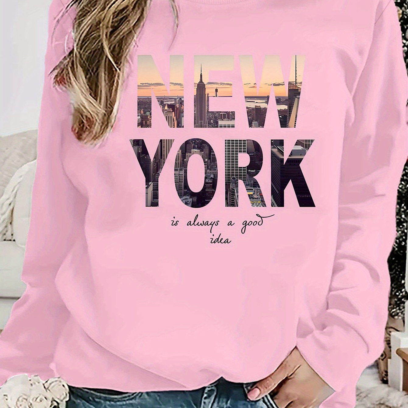 Damen Sweatshirt New York Skyline Druck Baumwolle Gemütlich Grau