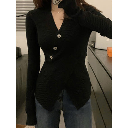 Damen Rippstrick-Cardigan V-Ausschnitt Knöpfe Norvielle
