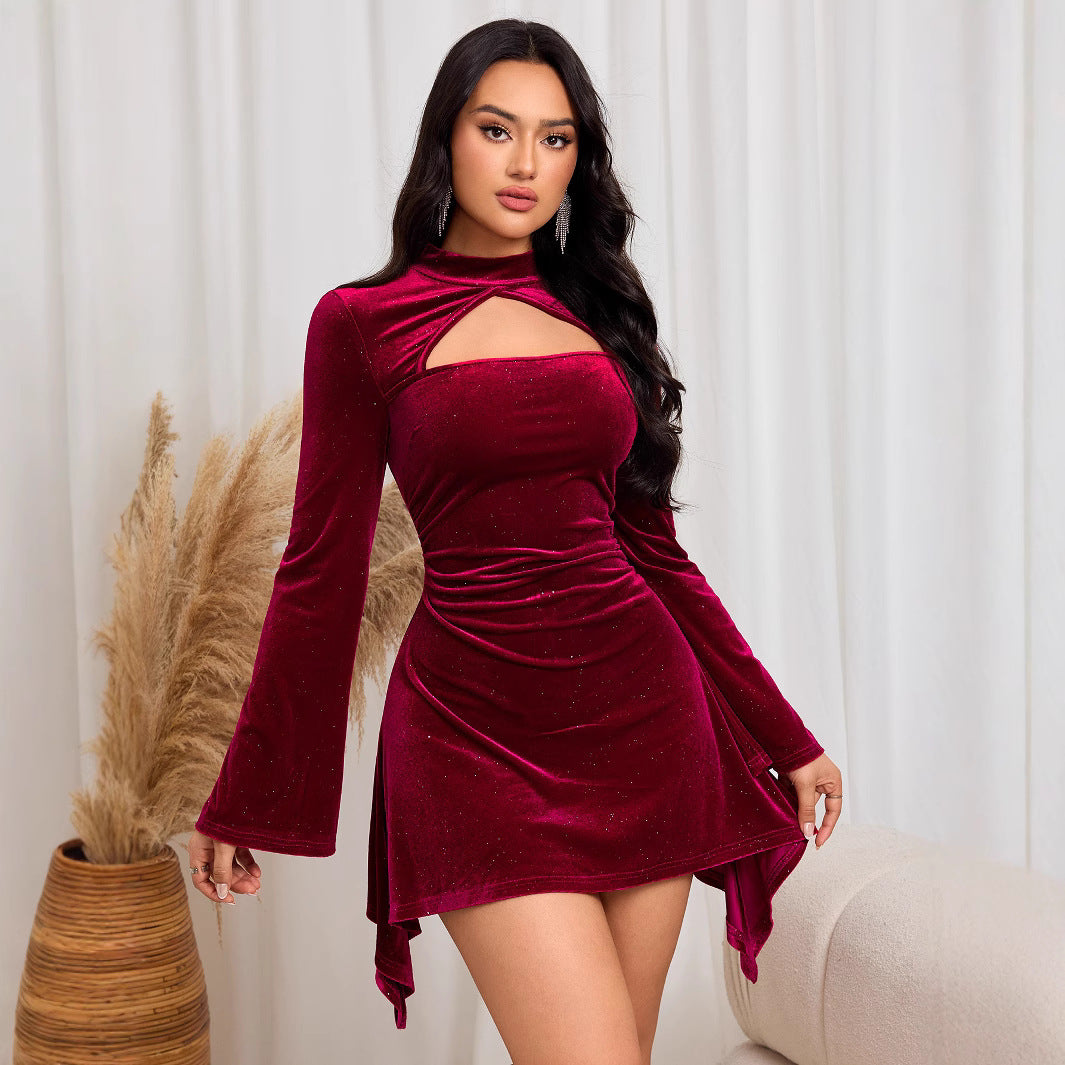 Damen Samt Minikleid Cut-Out Langer Ärmel Schwarz - Norvielle