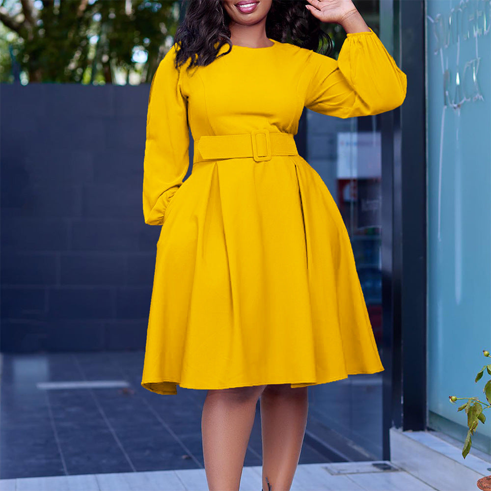 Damen Midi-Kleid ausgestellte Ärmel abnehmbarer Gürtel Norvielle