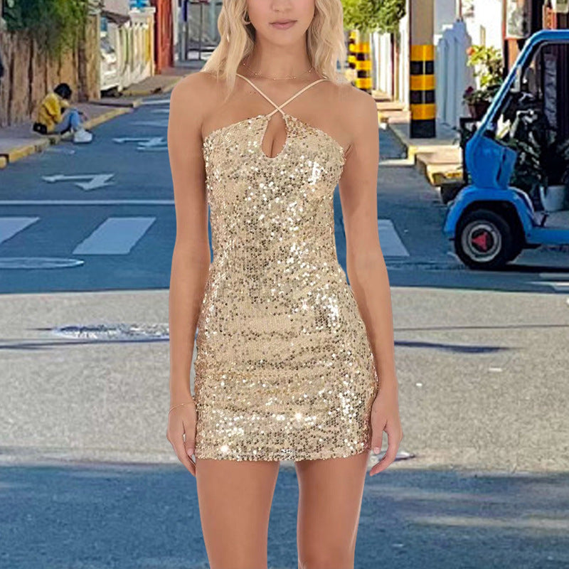 Damen Minikleid Glitzernd Trägergestaltung Tiefes Dekolleté