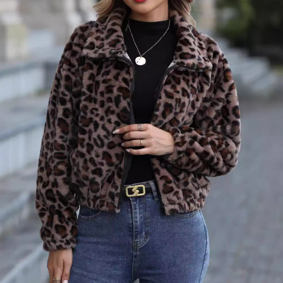 Damen Fleecejacke Leopardenmuster Kuschelig Grün