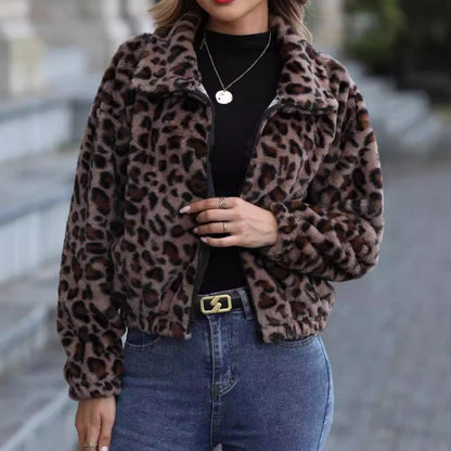 Damen Fleecejacke Leopardenmuster Kuschelig Grün