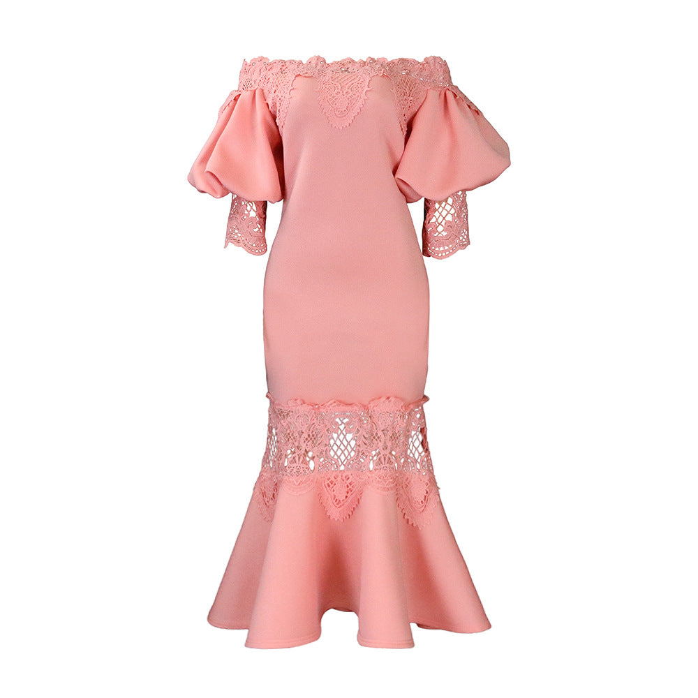 Damen Bodycon Kleid Spitze Voluminöse Ärmel