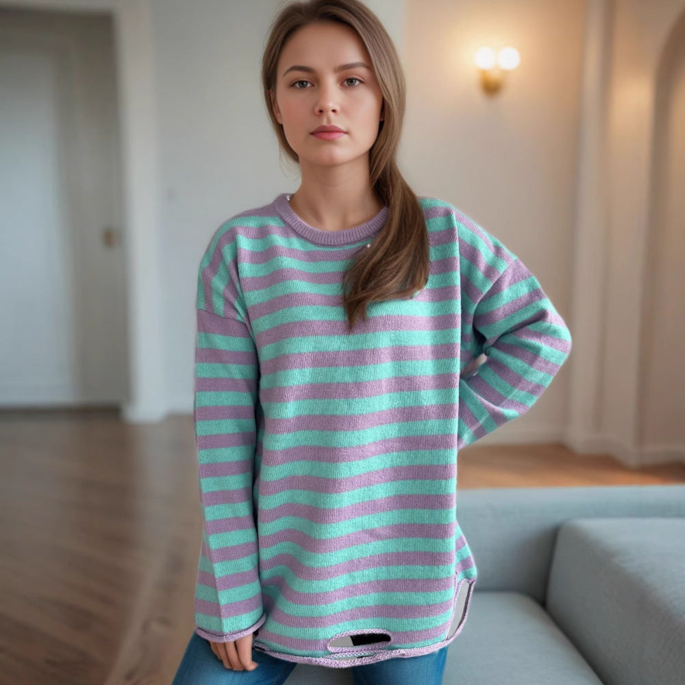 Damen Oversized-Pullover aus Strickstoff mit lässigem Streifenmuster