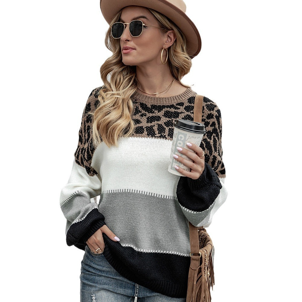 Damen Pullover Leo-Design Farbblock-Details