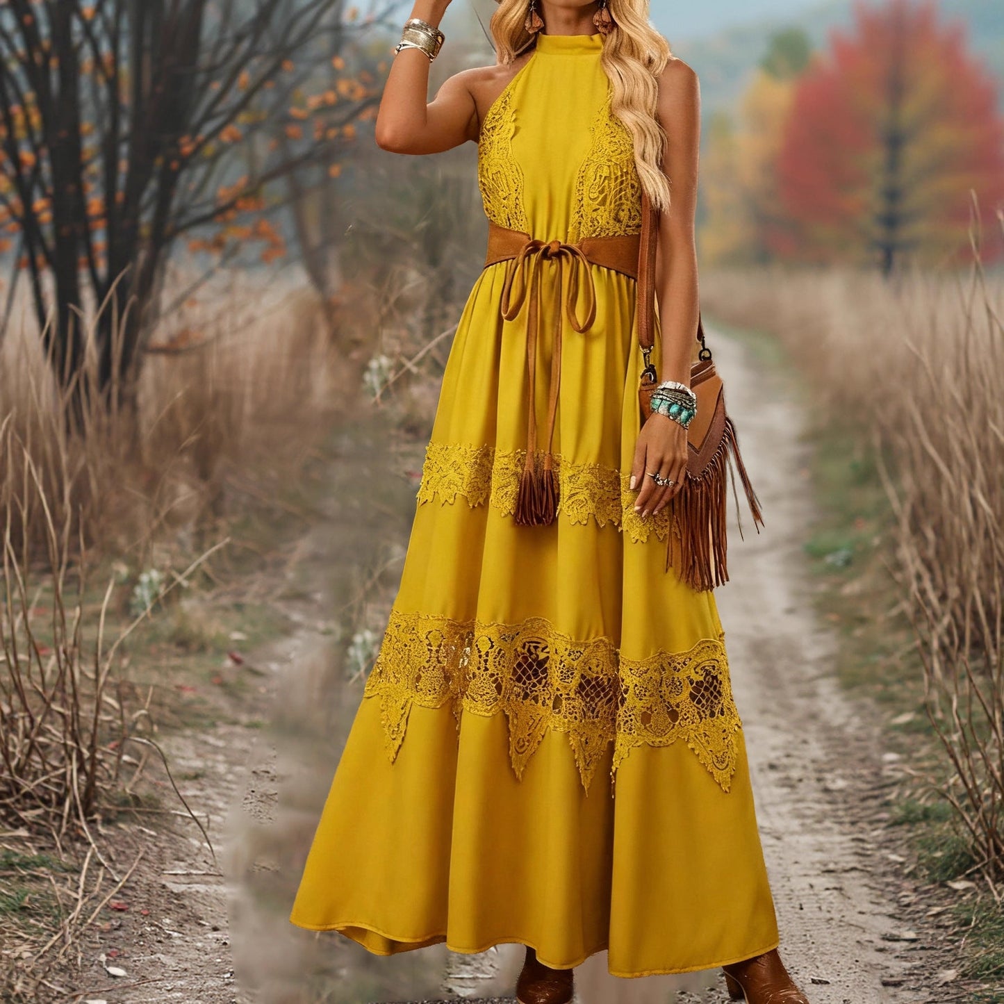 Damen Maxikleid mit Spitzenakzenten und Gürtel Details