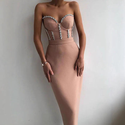 Damen Abendkleid Figurbetonend Bustier Optik Schimmernde Applikationen