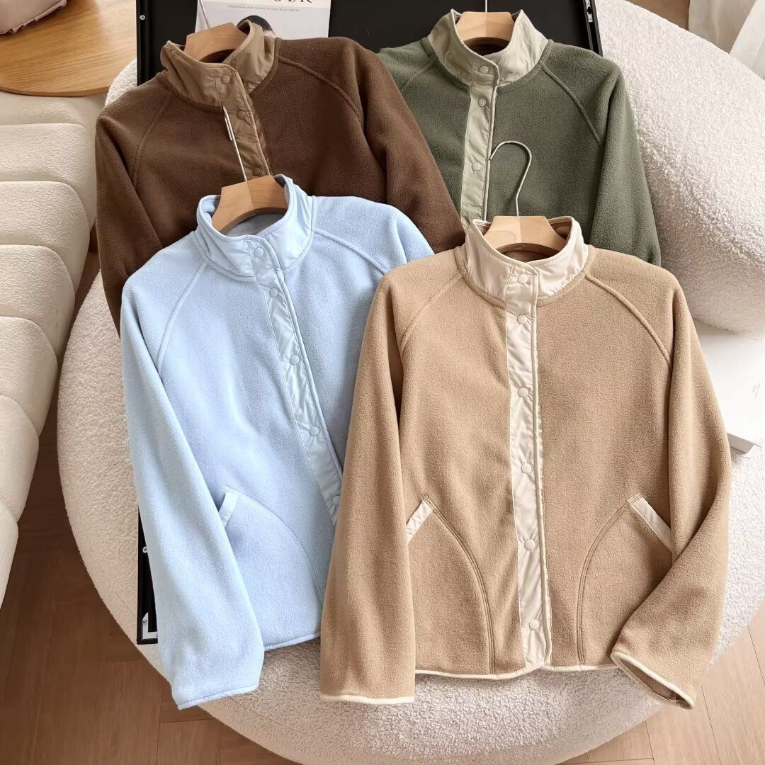 Damen Fleece-Jacke Elastischer Kragen Praktische Taschen Beige - Norvielle