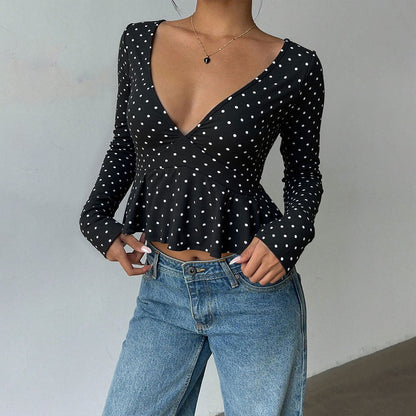 Damen Bluse Peplum Schnitt Polka Dot Muster - Norvielle