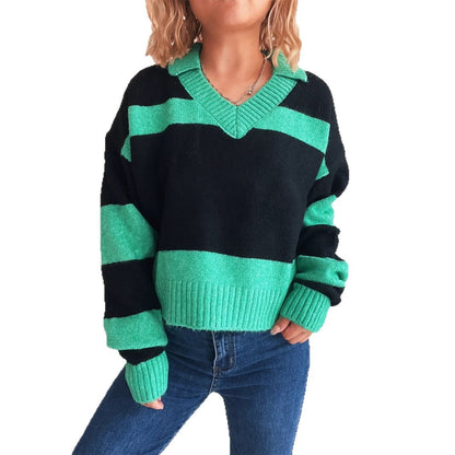 Damen Strickpullover V-Ausschnitt Blockstreifen