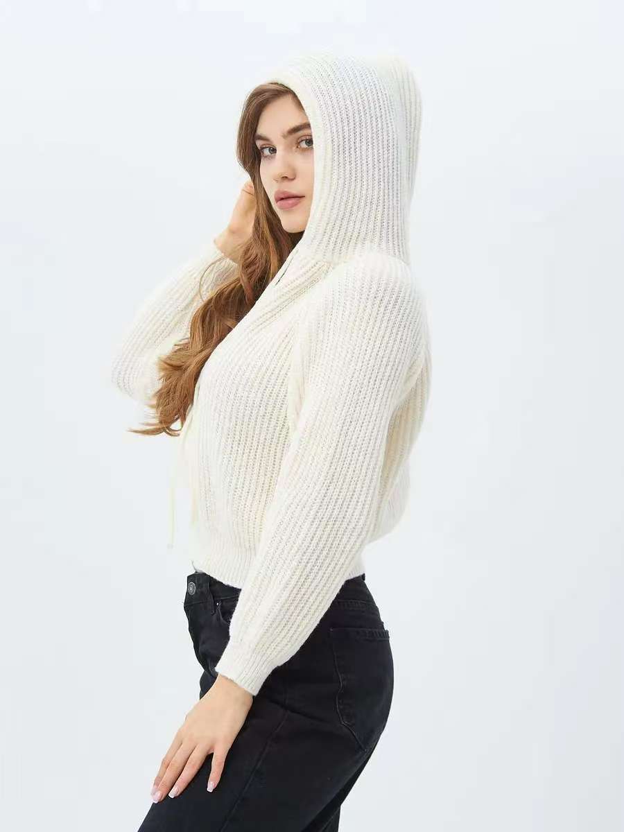 Damen Hoodie Weiches RippstrickMaterial Kordelzug