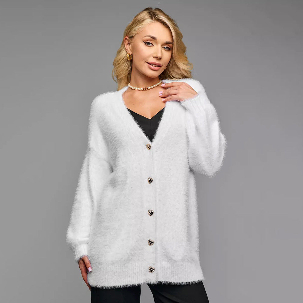 Damen Oversized Strickjacke Weiches Material Herzknöpfe Beige - Norvielle