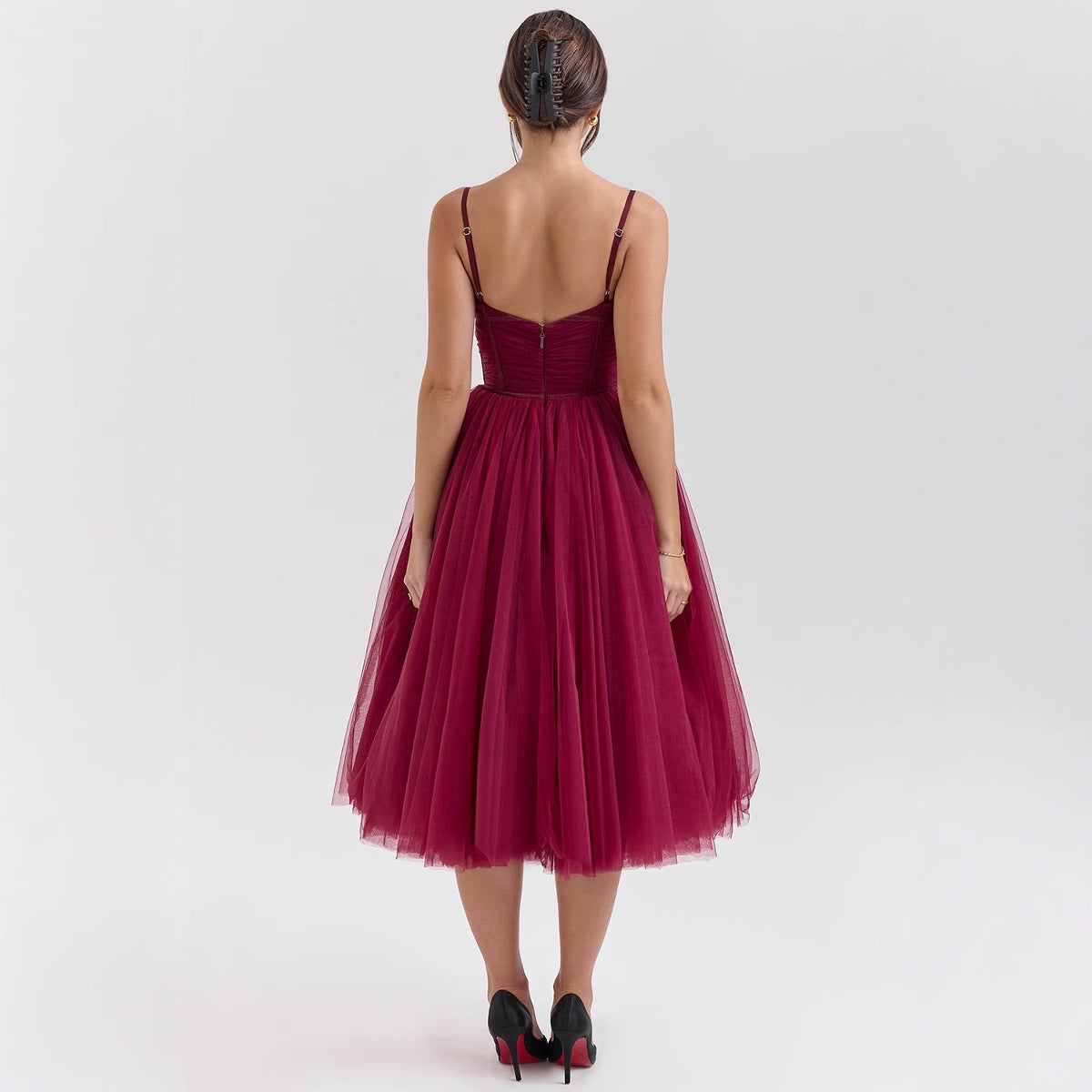 Damen Cocktailkleid Tüll V-Ausschnitt Taillengürtel Norvielle