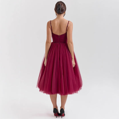 Damen Cocktailkleid Tüll V-Ausschnitt Taillengürtel Norvielle