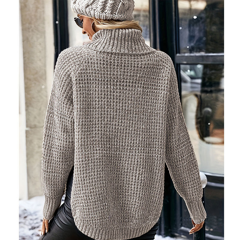 Damen Grobstrickpullover mit hohem Kragen und Taschen