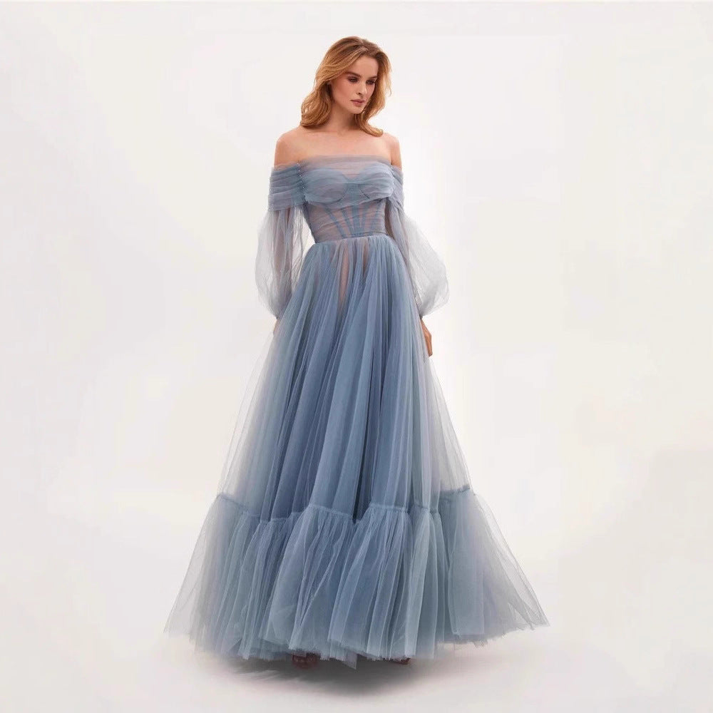 Damen Cocktailkleid Schulterfrei Tüll Voluminöse Ärmel Norvielle - Norvielle