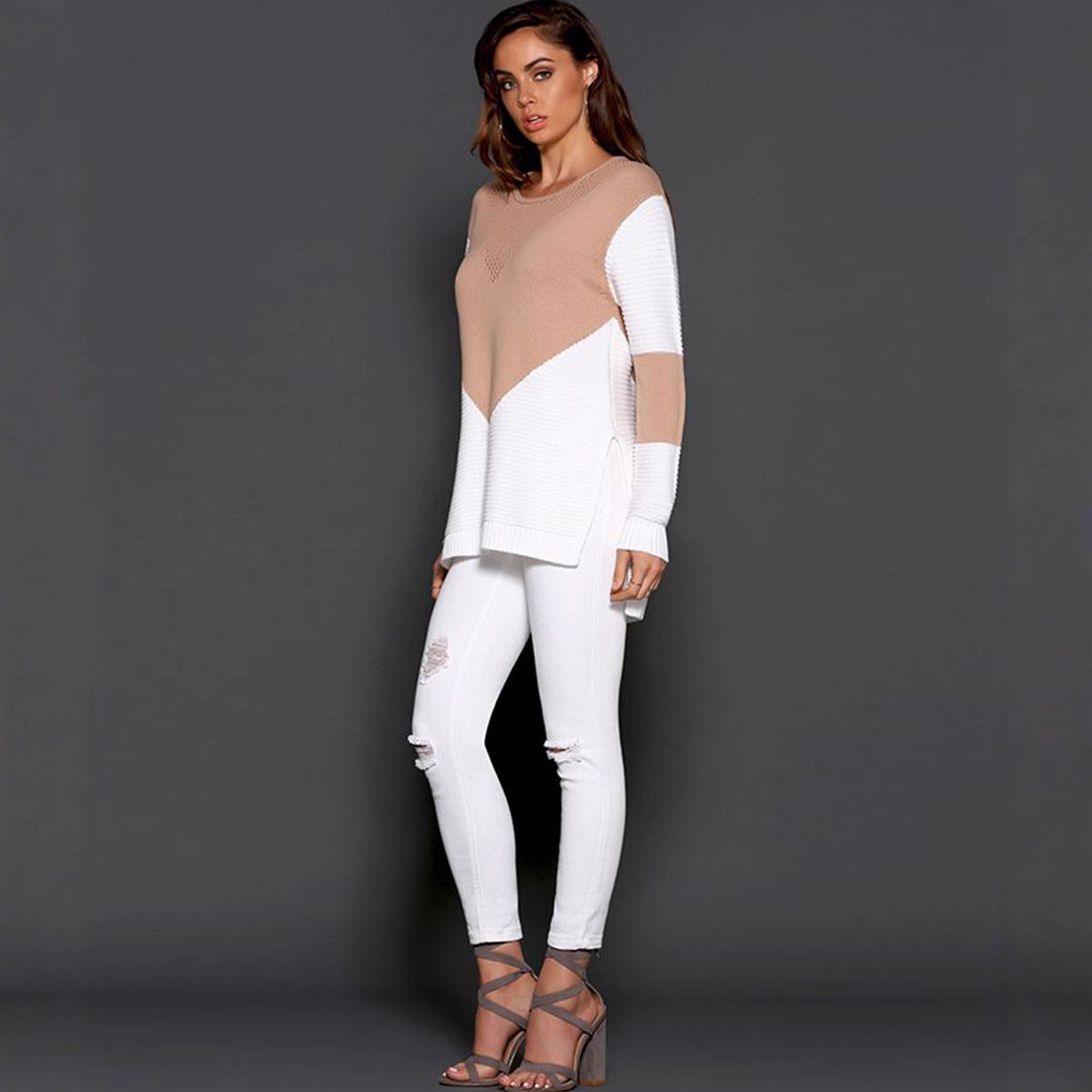 Damen Strickpullover mit Strukturdesign und Kontrastärmeln