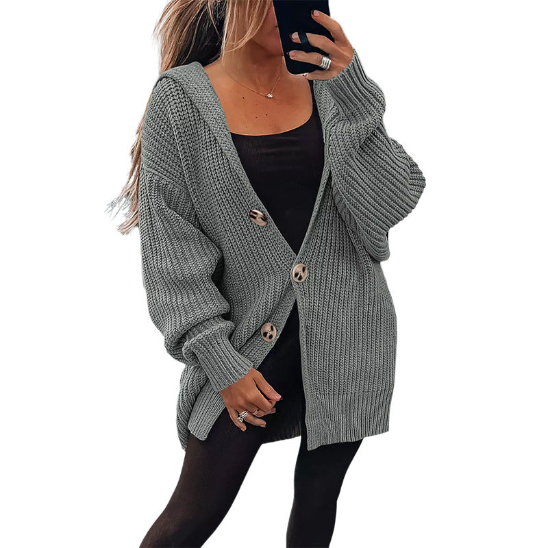 Damen Oversize Strickjacke Weiches Material Holzknöpfe Beige