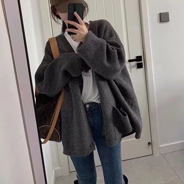Damen Strickjacke Oversized V-Ausschnitt mit Taschen Beige - Norvielle
