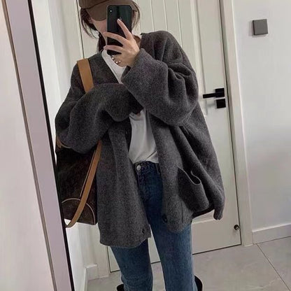 Damen Strickjacke Oversized V-Ausschnitt mit Taschen Beige - Norvielle