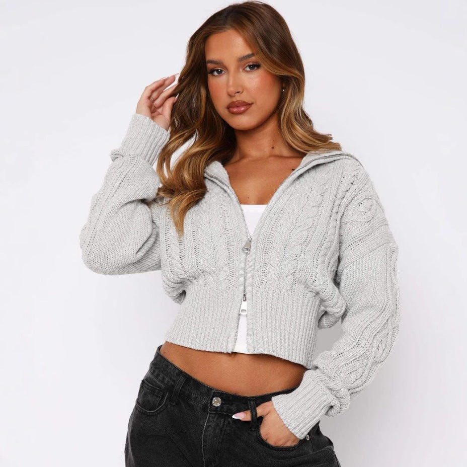 Damen Strickcardigan Kurz Zopfmuster Reißverschluss Norvielle - Norvielle