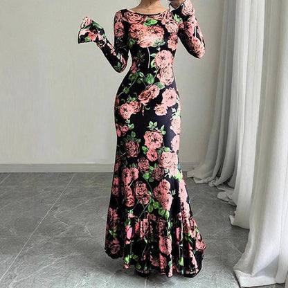Damen Maxikleid mit Rüschendetails Langarm Floral